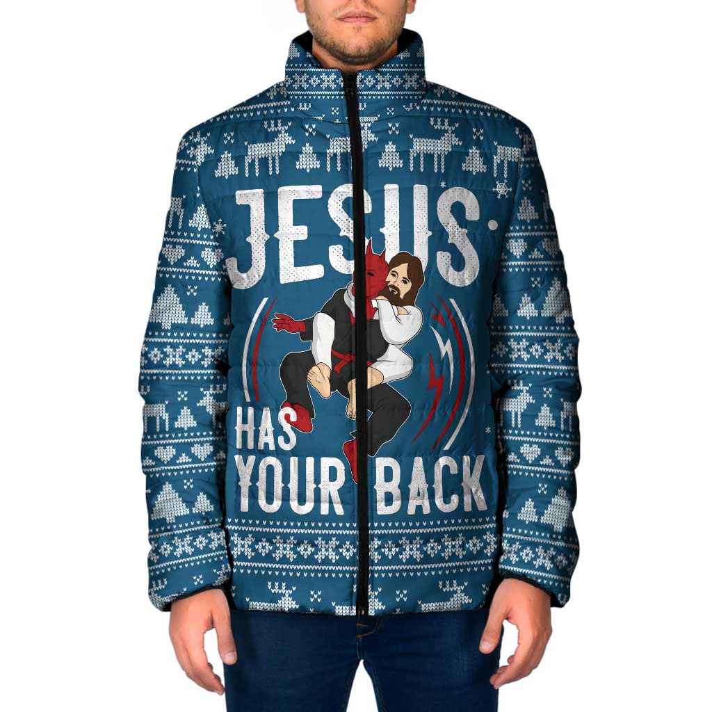 Jesus Has Your Back Jiu Jitsu Christmas Padded Jacket Funny Xmas Holiday Patterns - Wonder Print Shop