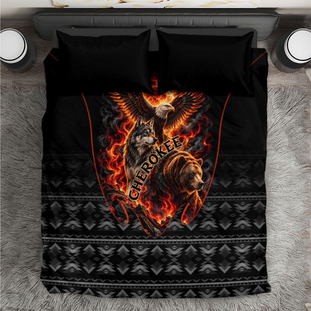 Cherokee Spirit Animals Bedding Set Fiery Tribal Art With Native Geometric Patterns
