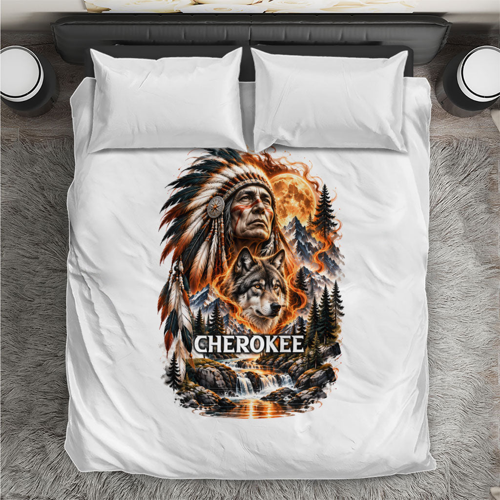 Cherokee Wolf And Native Chief Bedding Set Tribal Nature Landscape With Fiery Moon Art