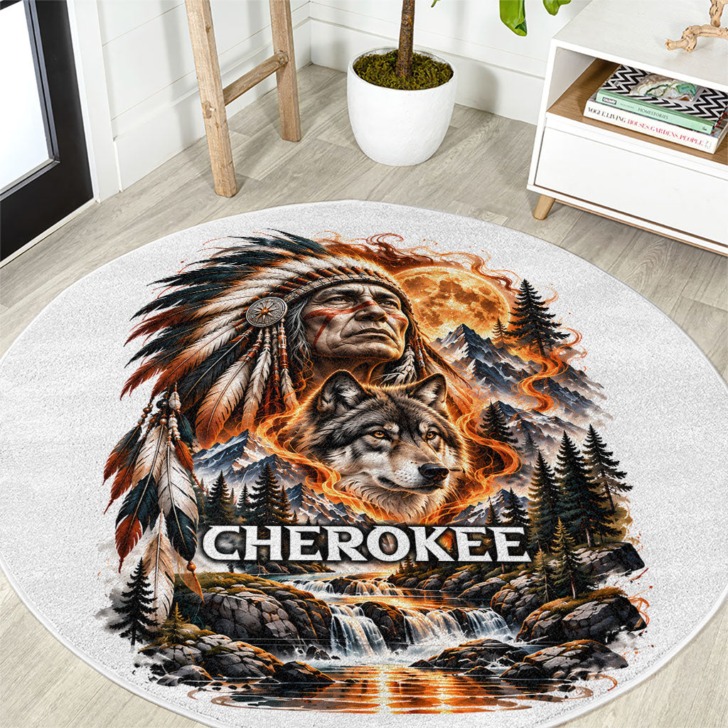 Cherokee Wolf And Native Chief Round Carpet Tribal Nature Landscape With Fiery Moon Art