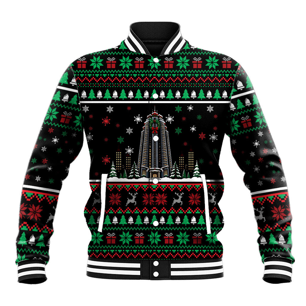 Nakatomi Plaza Christmas Party Baseball Jacket Retro Skyscraper Reindeer Snowflakes