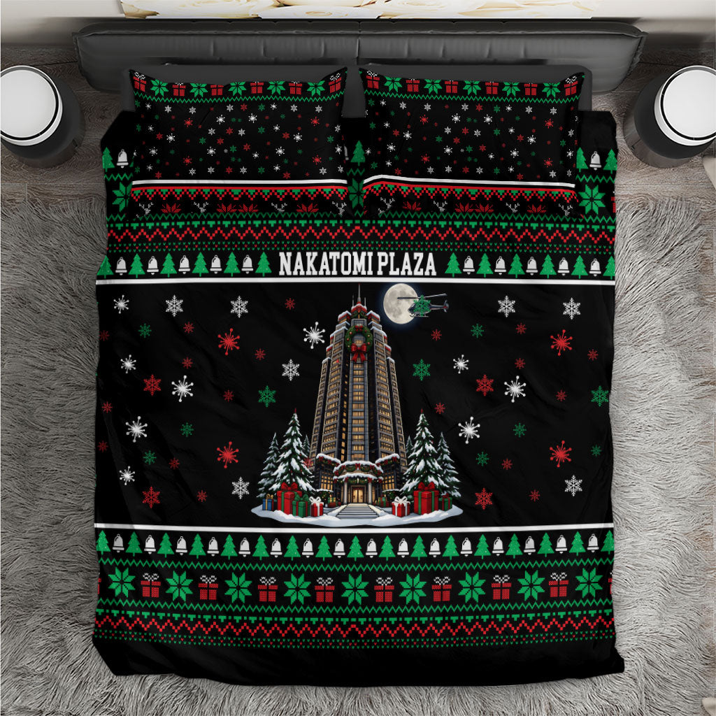 Nakatomi Plaza Christmas Party Bedding Set Retro Skyscraper Reindeer Snowflakes