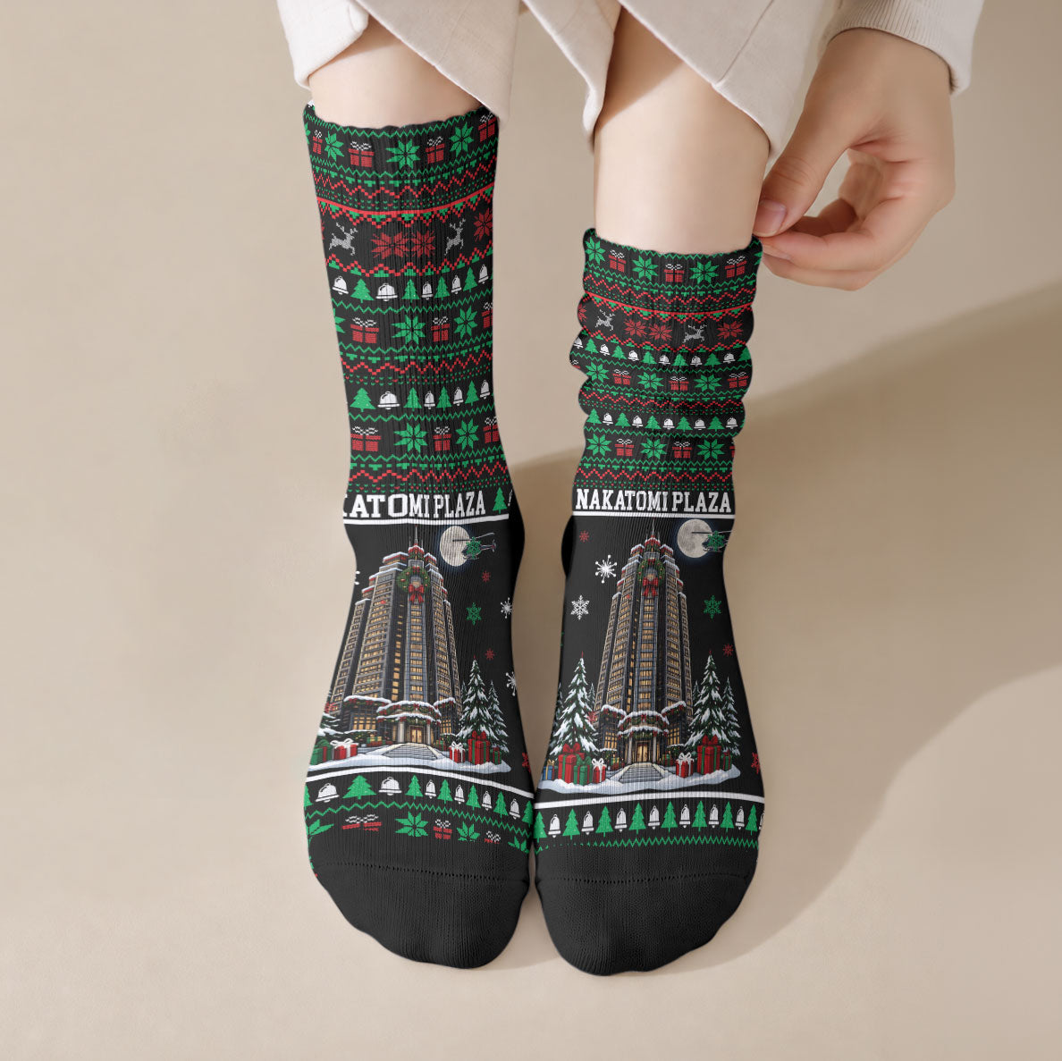 Nakatomi Plaza Christmas Party Crew Socks Retro Skyscraper Reindeer Snowflakes