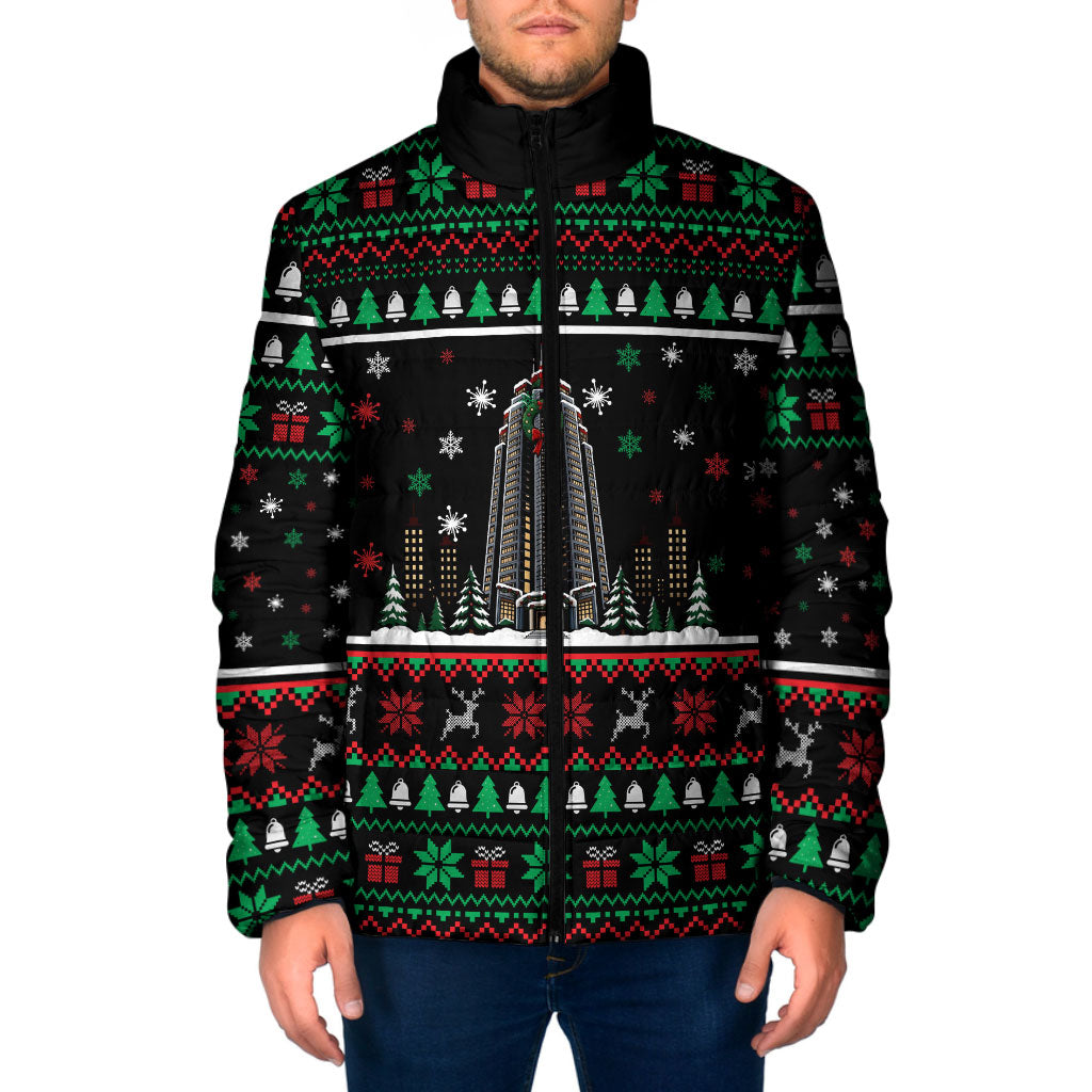 Nakatomi Plaza Christmas Party Padded Jacket Retro Skyscraper Reindeer Snowflakes