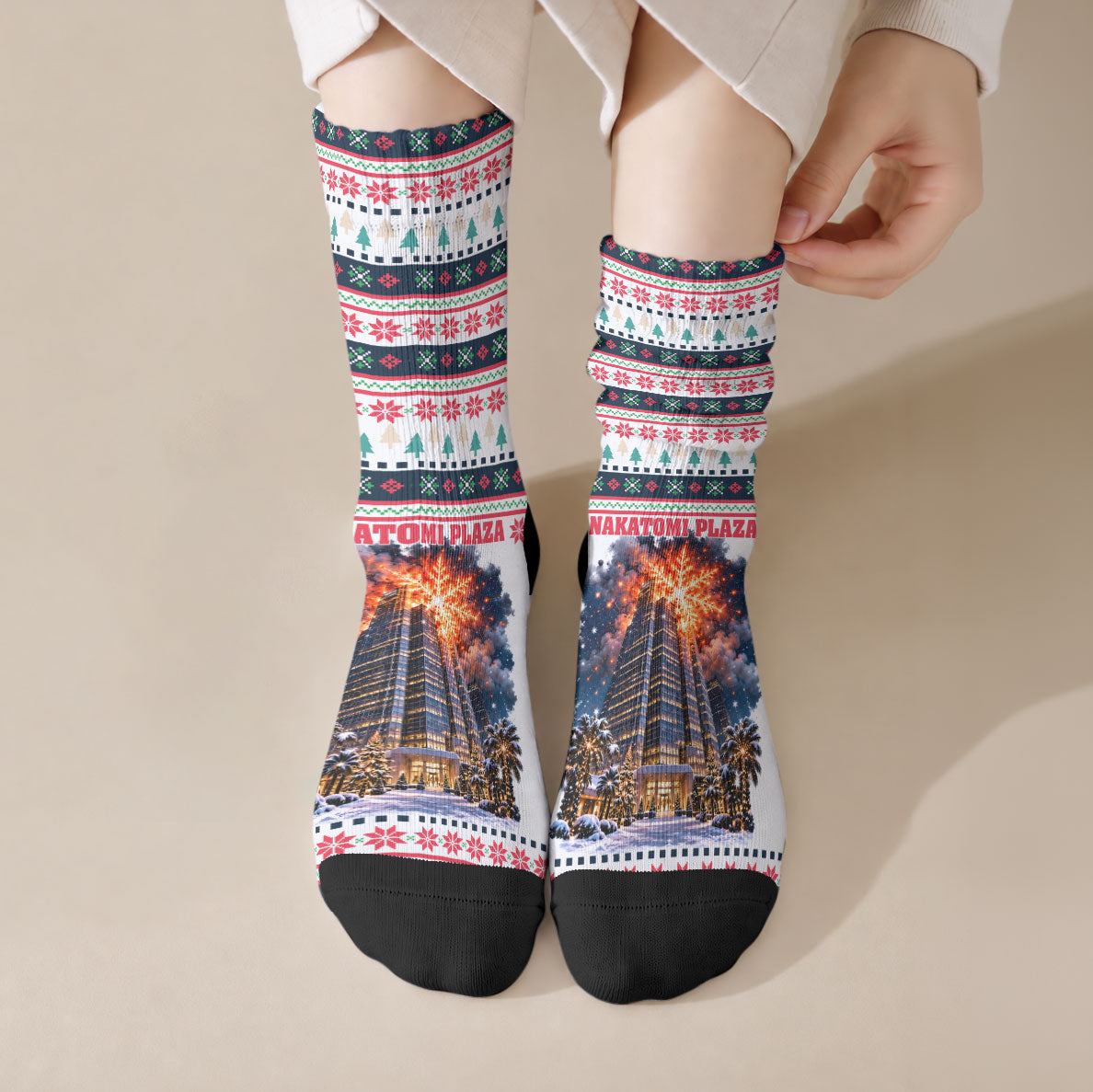Christmas Nakatomi Plaza Crew Socks Santa Ho Ho Ho Explosion