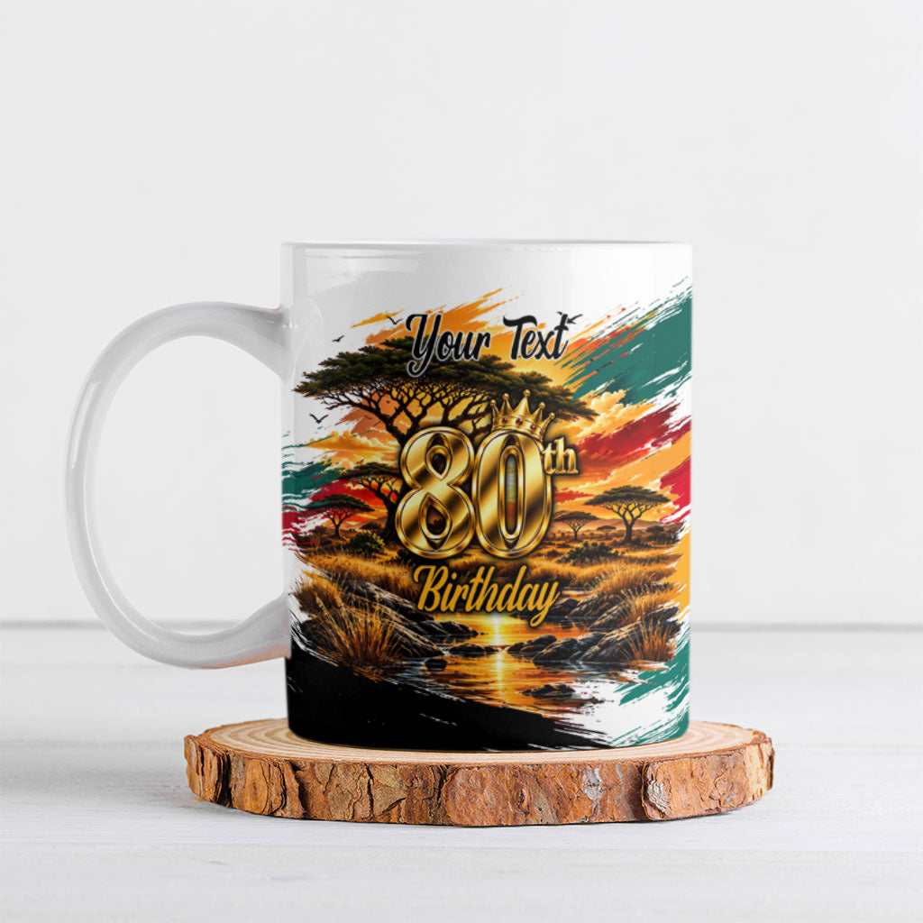 Personalized 80th Birthday African Safari Ceramic Mug Sunset Savanna Landscape Heritage Wildlife Art