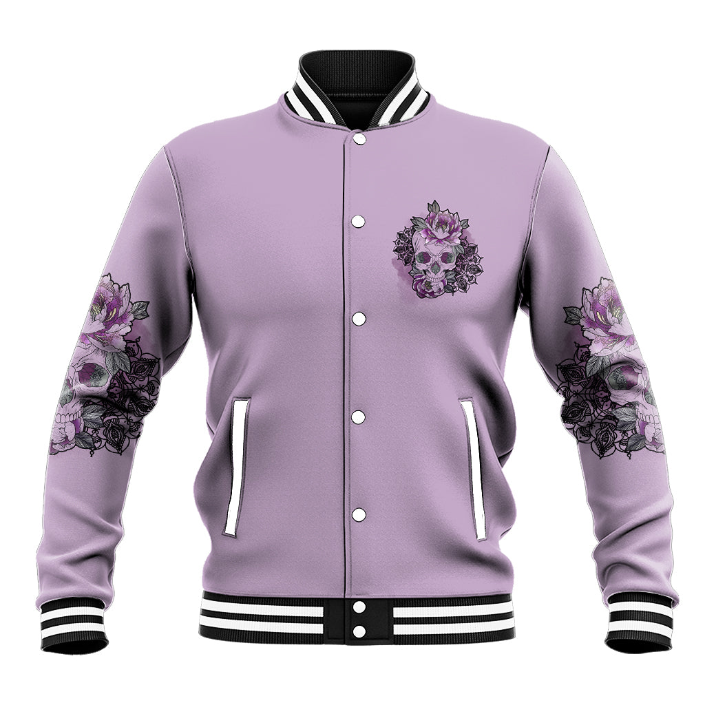 Purple baseball jacket front with button placket, floral skull patch, striped rib cuffs