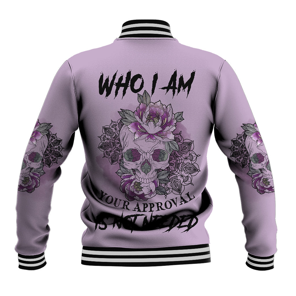 Purple baseball jacket with back skull-and-flower graphic and black striped rib trim