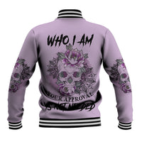 Purple baseball jacket with back skull-and-flower graphic and black striped rib trim