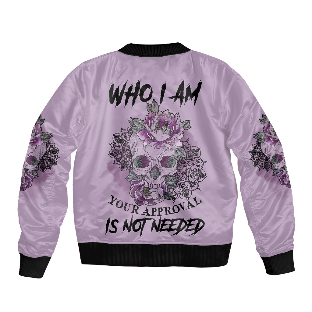 Lilac bomber jacket with skull and floral graphic on back, ribbed black collar and cuffs