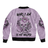 Lilac bomber jacket with skull and floral graphic on back, ribbed black collar and cuffs