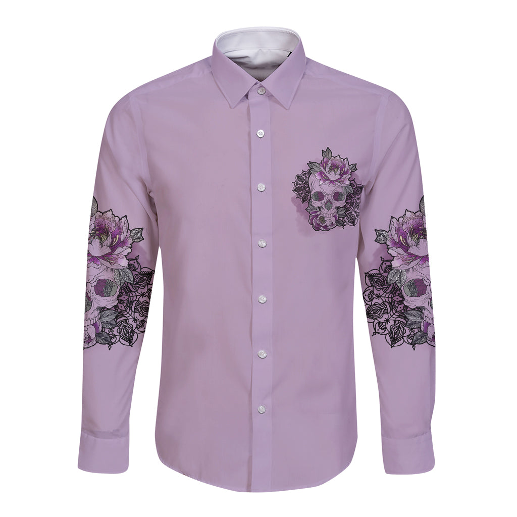 Lavender long-sleeve button shirt with purple skull-floral chest emblem and sleeve prints