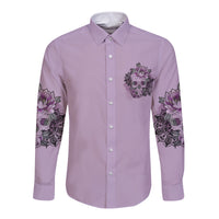 Lavender long-sleeve button shirt with purple skull-floral chest emblem and sleeve prints