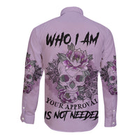 Lavender long-sleeve button shirt with purple skull-floral back graphic and slogan