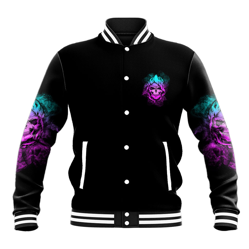 Black varsity baseball jacket with snap buttons, small skull chest graphic and purple/teal sleeves