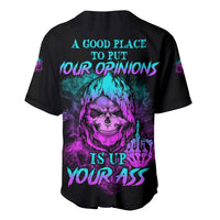 Black baseball jersey with skull graphic and bold blue/purple text, V-neck button front