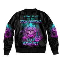 Unisex black bomber jacket with ribbed cuffs and large back skull graphic in purple/blue