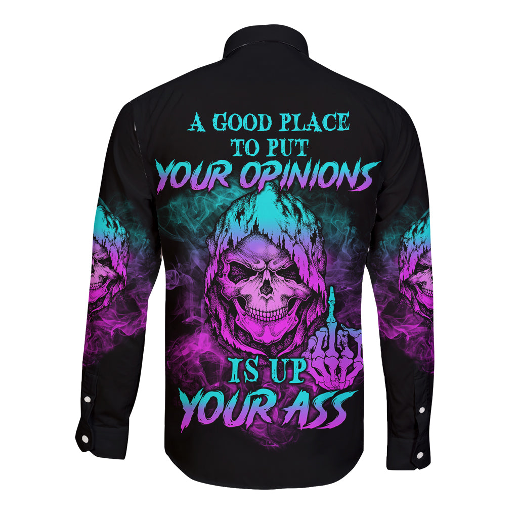 Black long-sleeve button shirt with colorful skull graphic and quote text on back