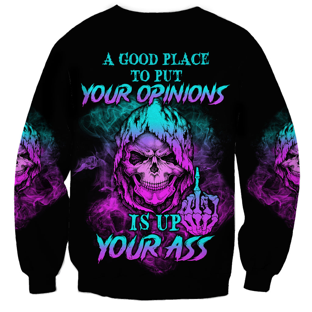 Unisex black sweatshirt with skull graphic and 'opinions' slogan in teal and purple