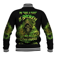 Black baseball jacket with green reaper graphic on back and striped ribbed cuffs
