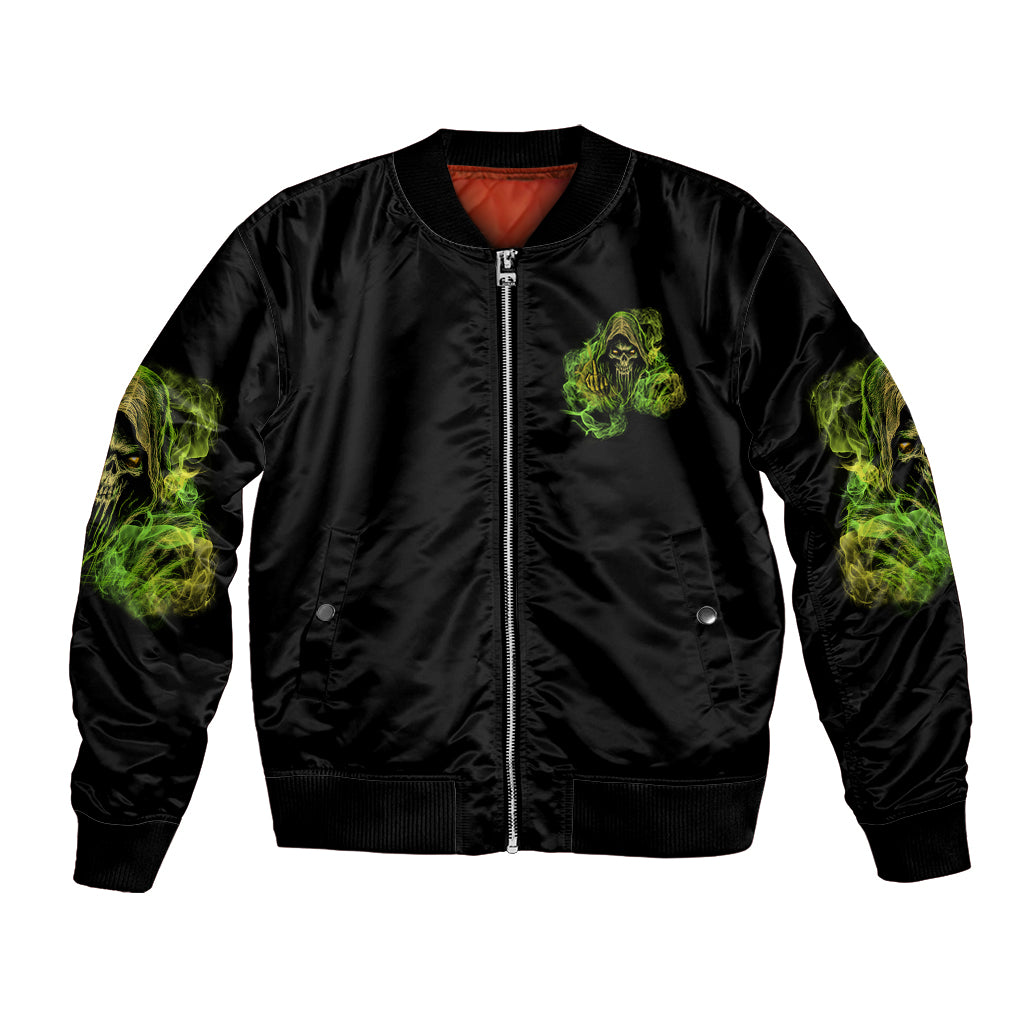 Black bomber jacket with neon green front reaper skull patch, full zip, ribbed hem