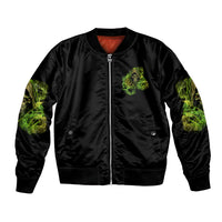 Black bomber jacket with neon green front reaper skull patch, full zip, ribbed hem