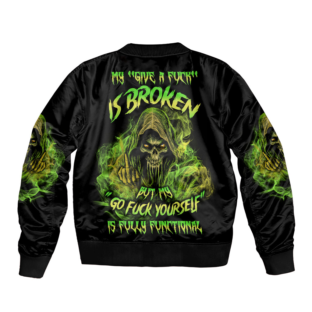 Black bomber jacket with neon green reaper skull graphic on back, ribbed cuffs