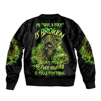 Black bomber jacket with neon green reaper skull graphic on back, ribbed cuffs