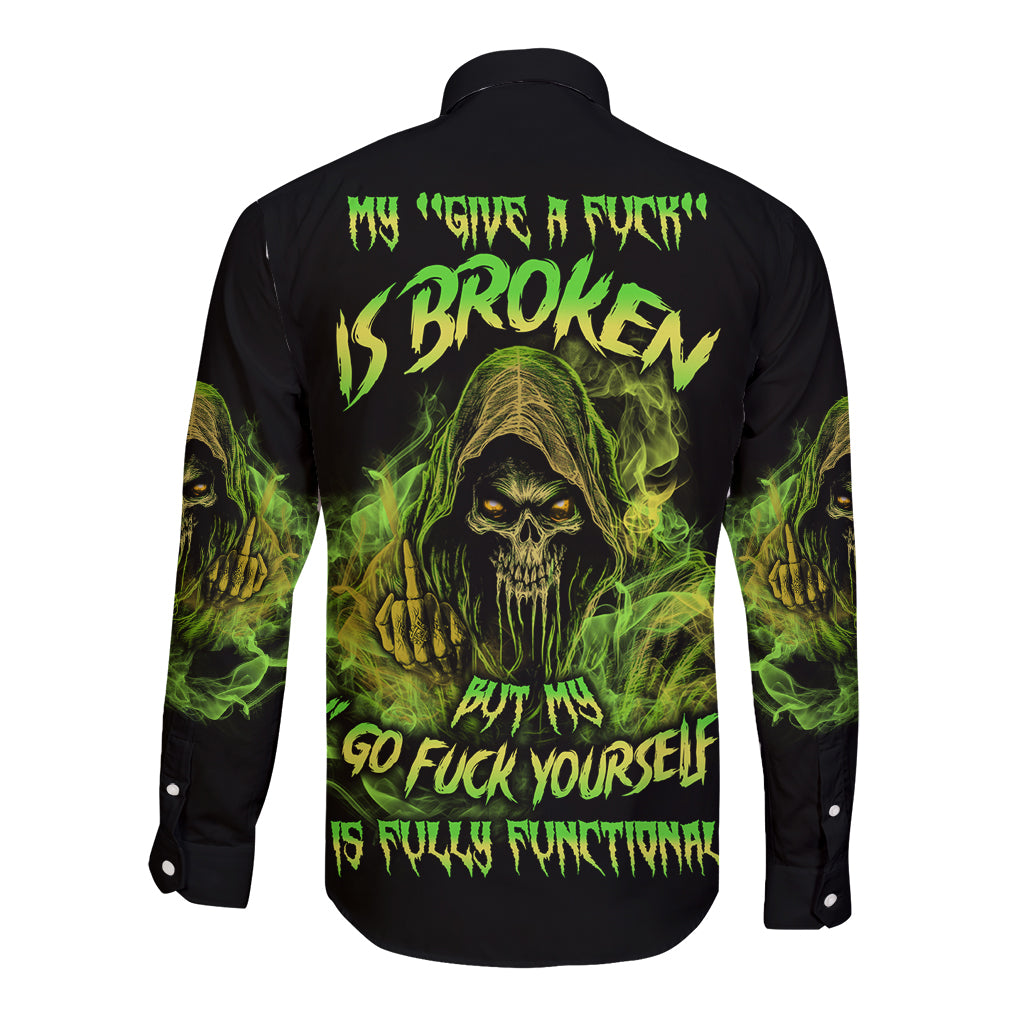 Black long-sleeve button shirt with neon green reaper skull graphic on back