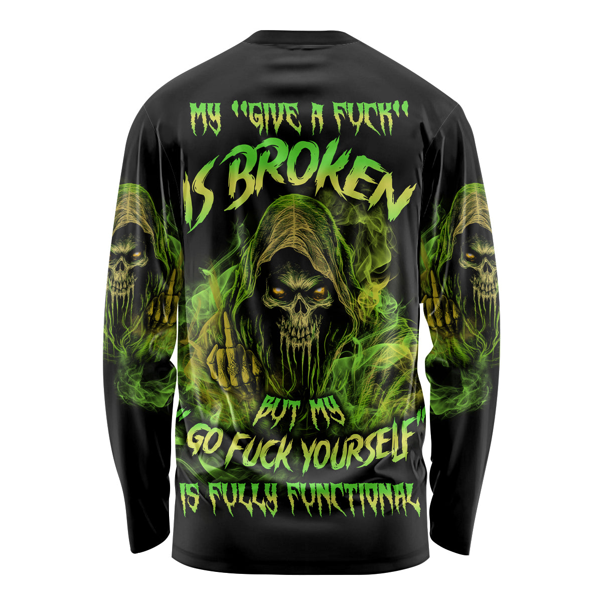 Black long-sleeve T-shirt with green skull reaper back graphic and text