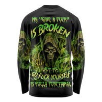 Black long-sleeve T-shirt with green skull reaper back graphic and text