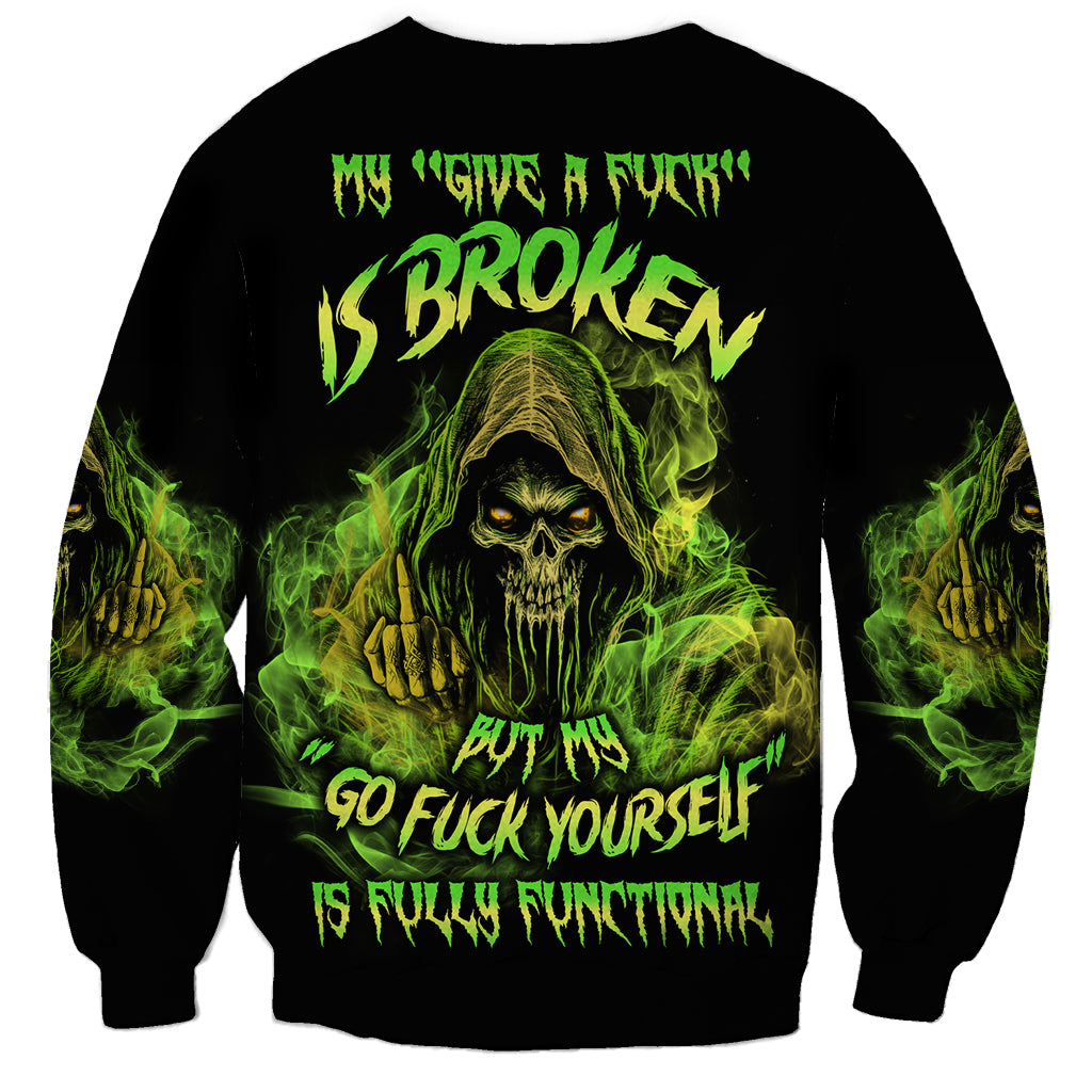 Black reaper sweatshirt with green smoke graphic and long sleeve print