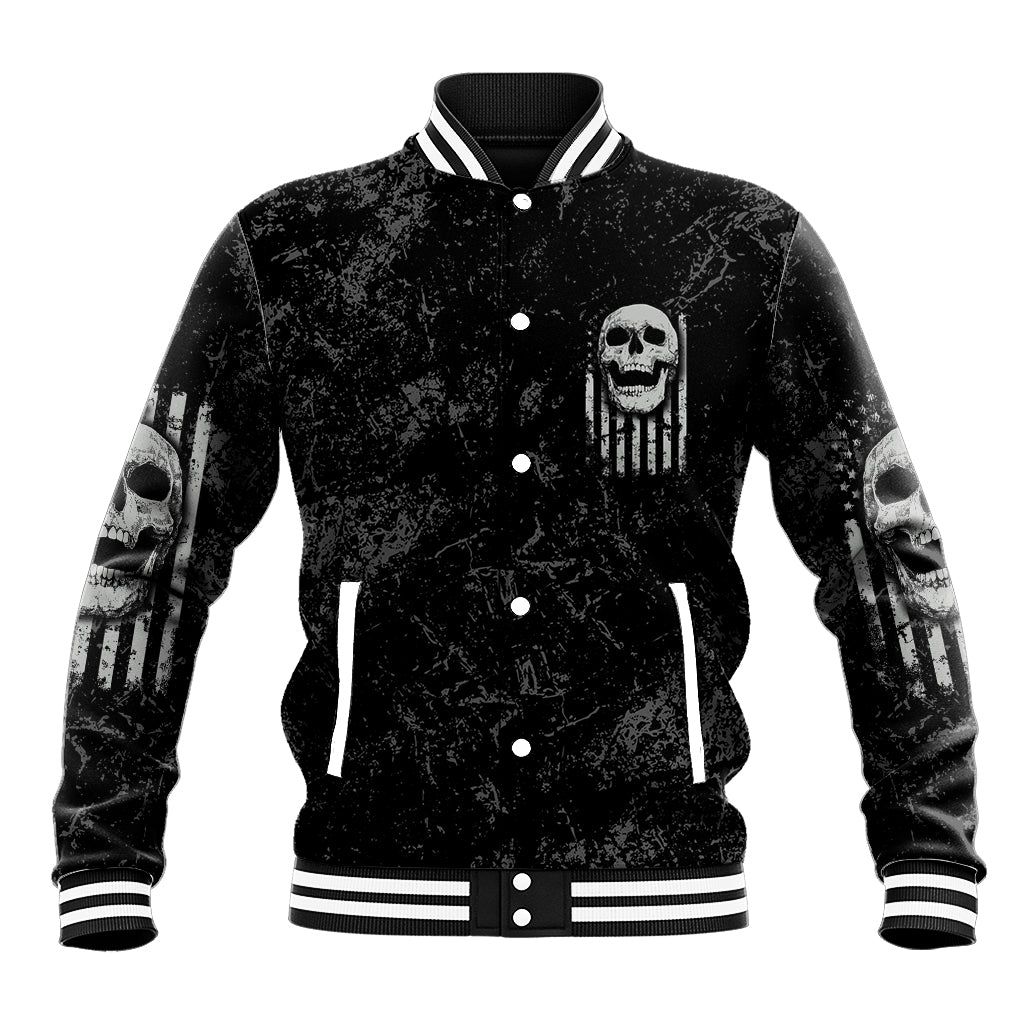 Black skull baseball jacket with front graphic, button-up varsity style, striped rib trim