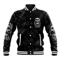Black skull baseball jacket with front graphic, button-up varsity style, striped rib trim