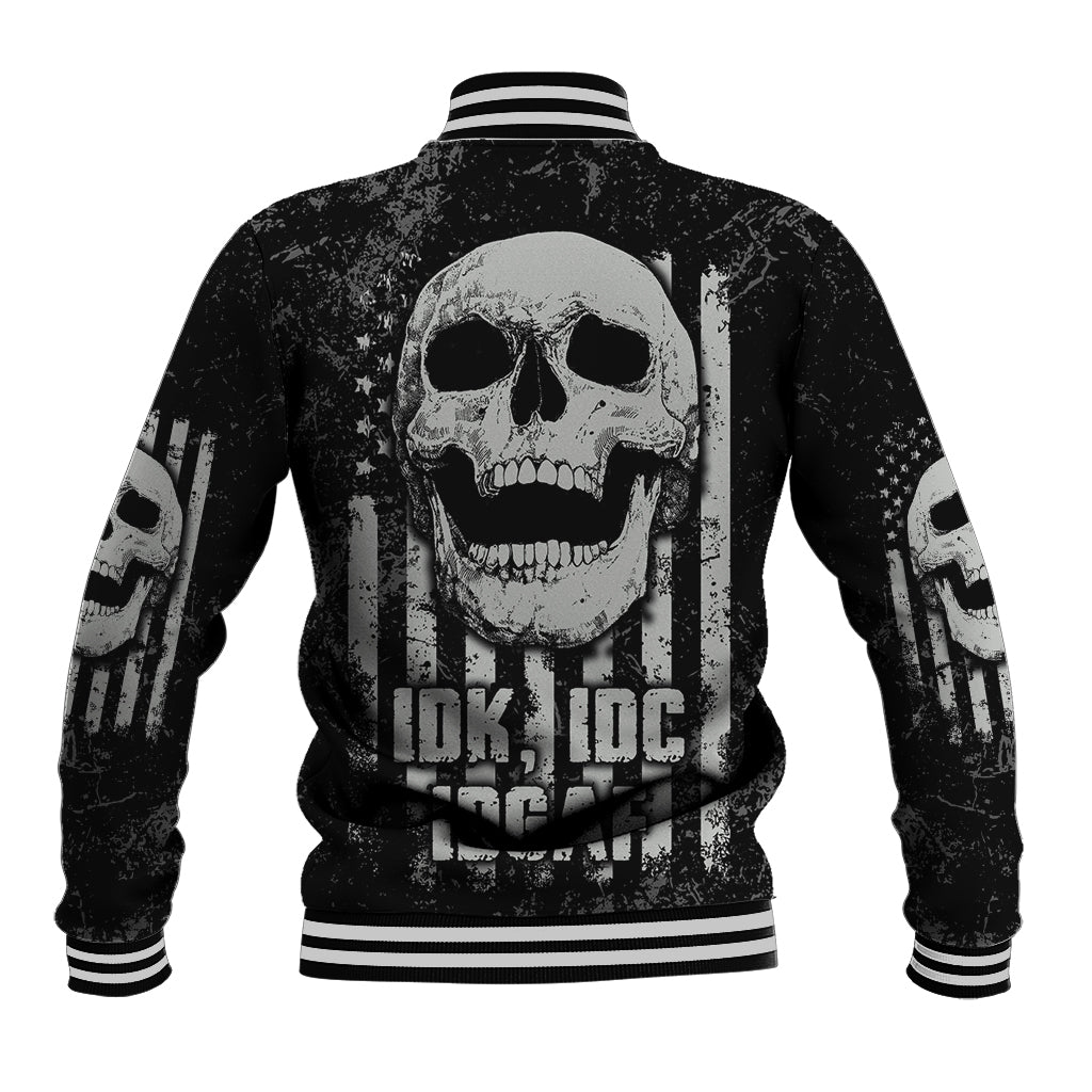 Black skull baseball jacket with graphic back, ribbed striped collar and cuffs