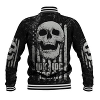 Black skull baseball jacket with graphic back, ribbed striped collar and cuffs