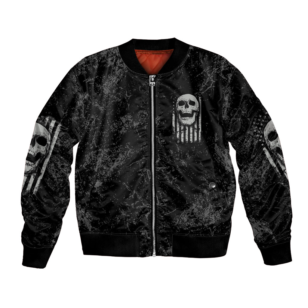 Black unisex bomber jacket with front zip and skull flag chest graphic; ribbed cuffs