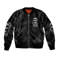 Black unisex bomber jacket with front zip and skull flag chest graphic; ribbed cuffs
