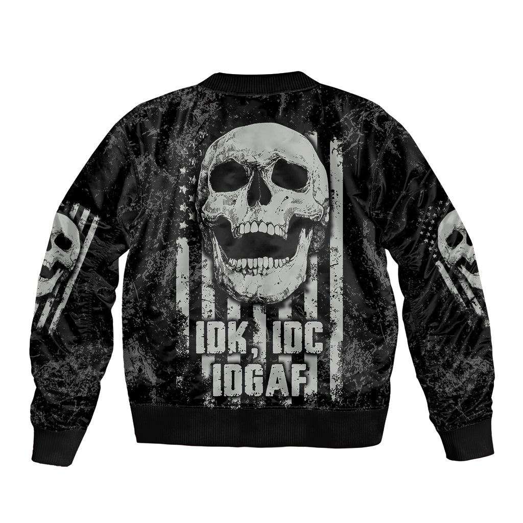 Black unisex bomber jacket with skull flag graphic on back; ribbed cuffs and hem