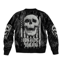 Black unisex bomber jacket with skull flag graphic on back; ribbed cuffs and hem