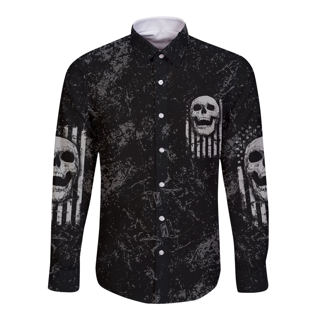 Unisex long sleeve button shirt with front skull and vertical stripes graphic