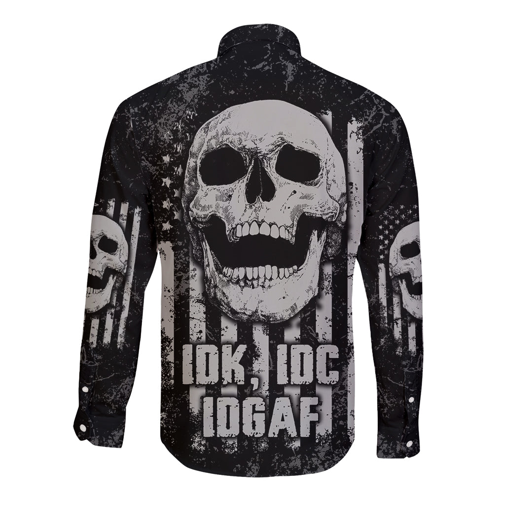 Unisex long sleeve button shirt with large back skull and star/flag graphic