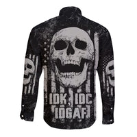 Unisex long sleeve button shirt with large back skull and star/flag graphic