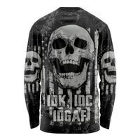 Black long-sleeve shirt with large skull graphic, drips, and IDGAF text on back