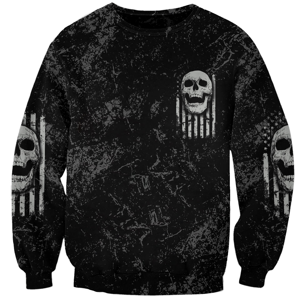 Black unisex crewneck sweatshirt with small skull and striped bar graphic; skull on sleeves