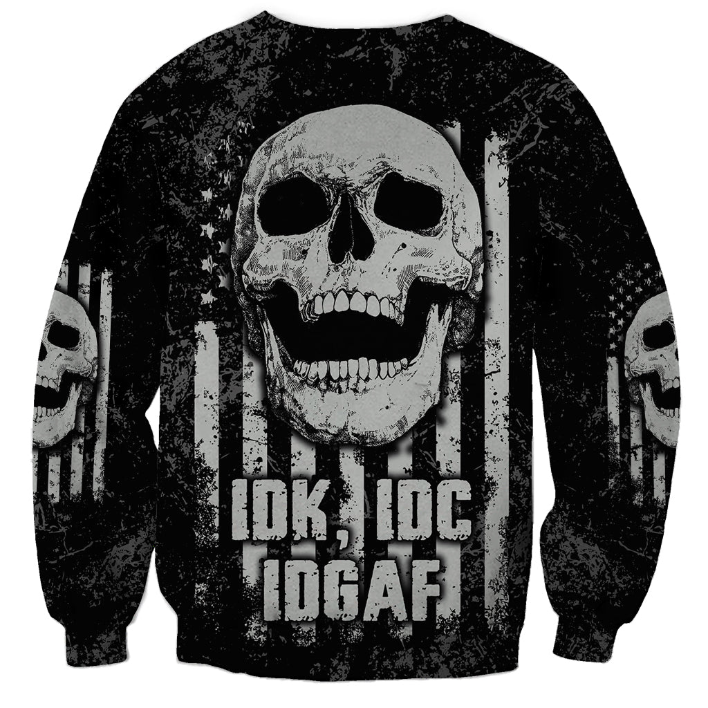 Black unisex crewneck sweatshirt with large skull graphic, striped background, IDGAF text