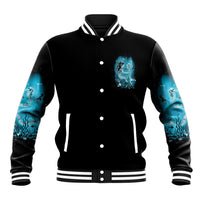 Black varsity-style jacket with button front, striped cuffs, and blue mermaid skeleton chest art
