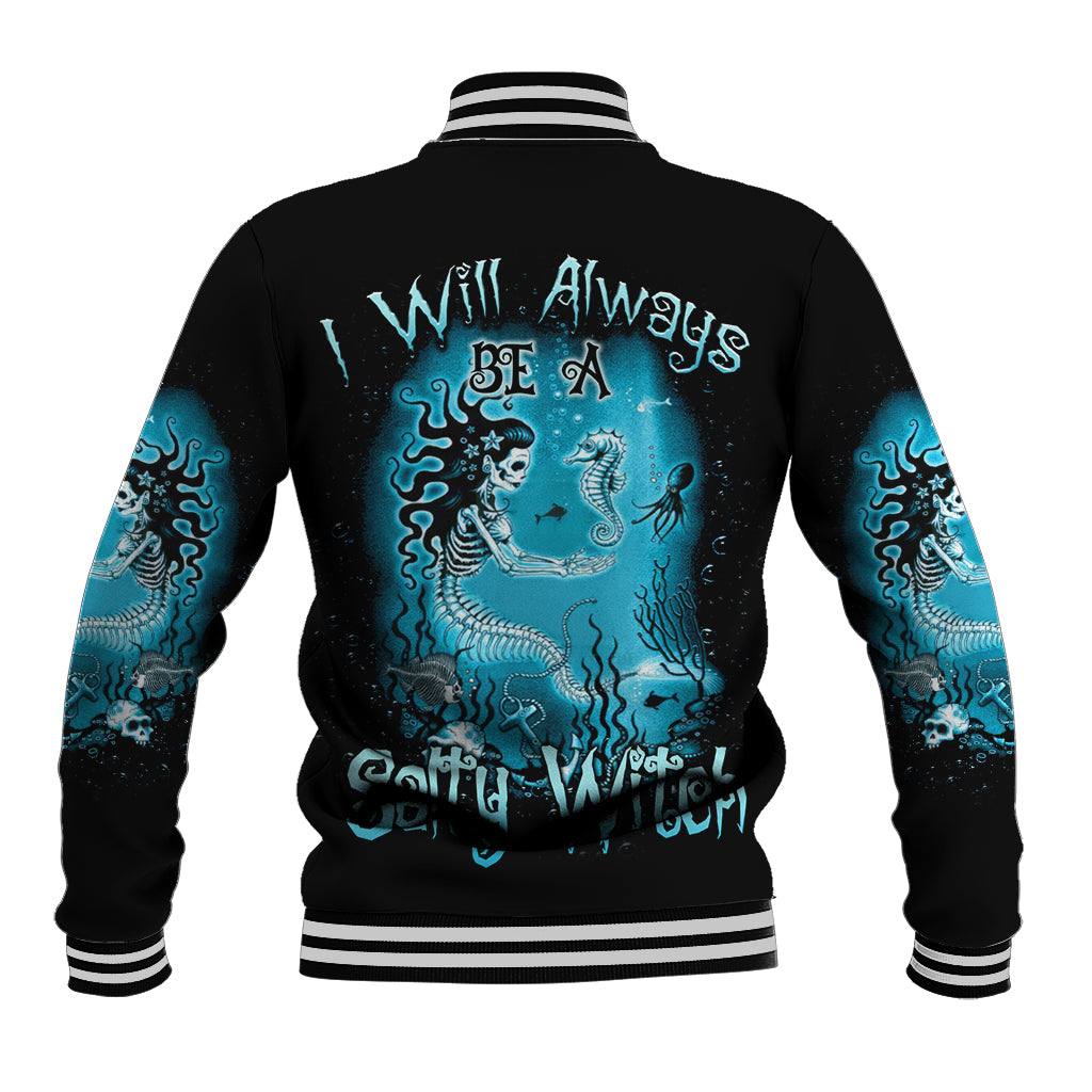 Black baseball jacket with striped ribbed collar and blue mermaid skeleton graphic on back