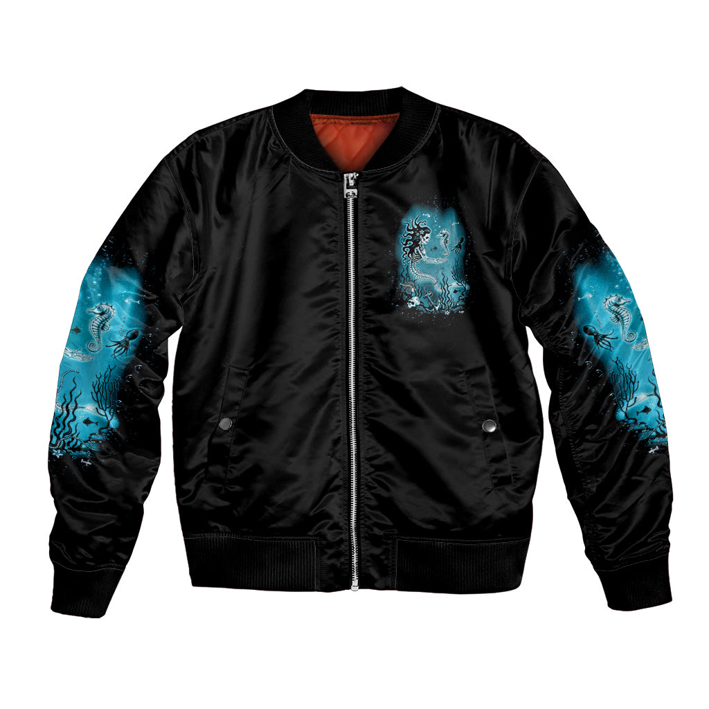Black bomber jacket with blue sea-creature prints, front zip