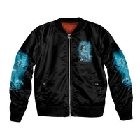Black bomber jacket with blue sea-creature prints, front zip